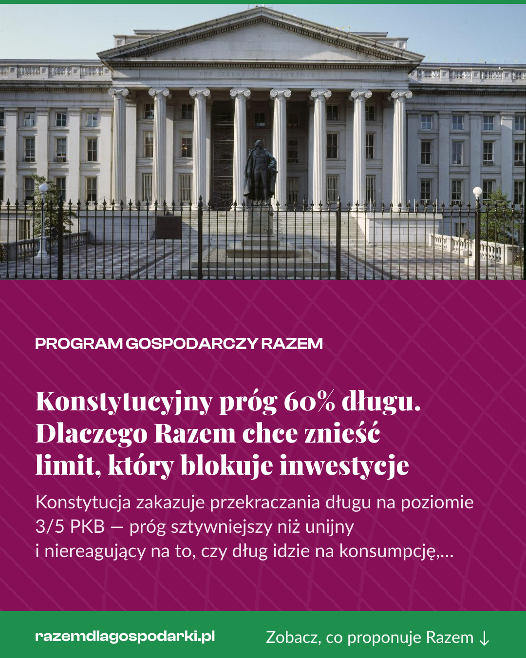Grafika pionowa do udostępnienia: Konstytucyjny próg 60% długu. Dlaczego Razem chce znieść limit, który blokuje inwestycje